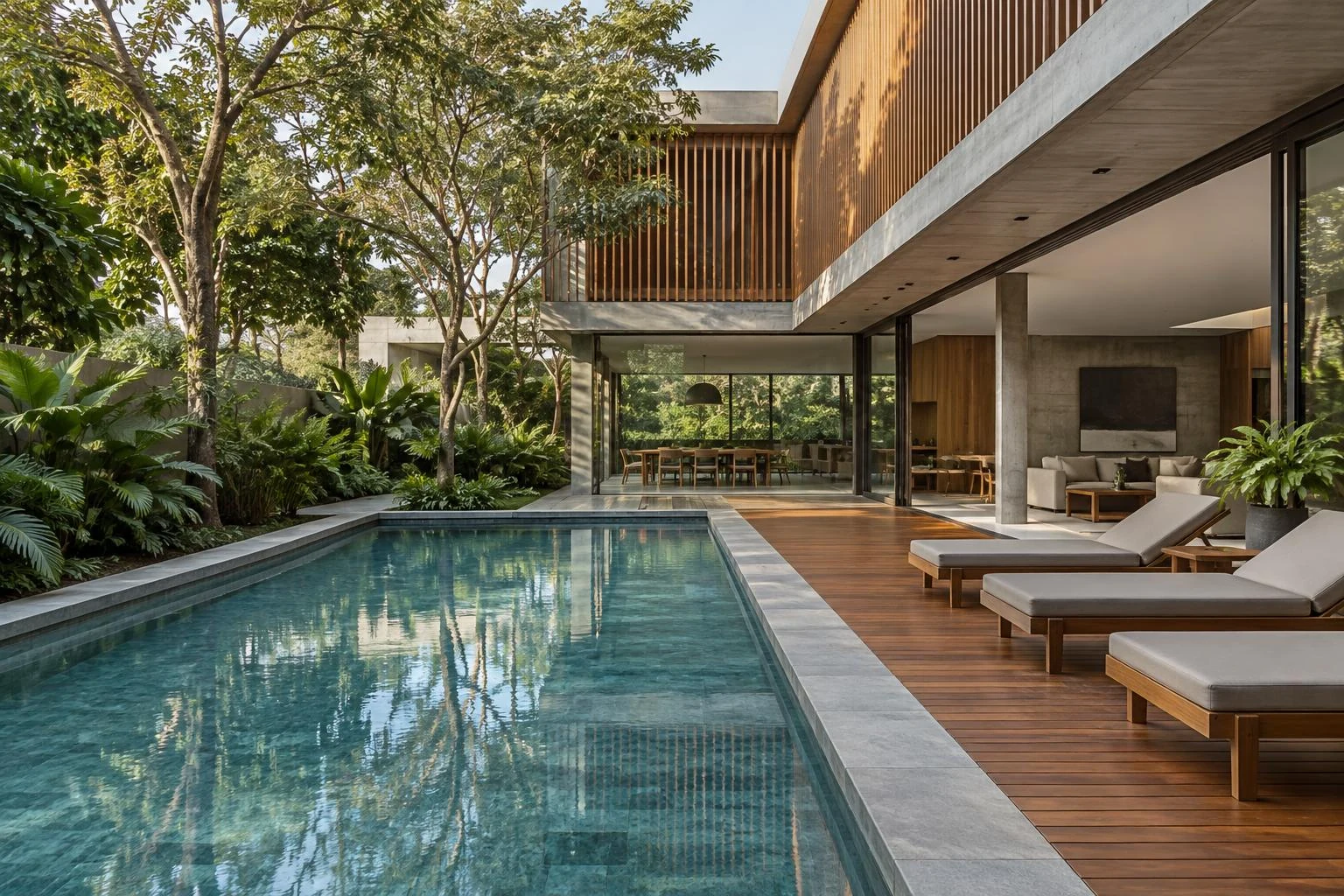 Piscina com borda de pedra e deck de cumaru junto aos volumes de concreto e vidro da residência, cercada por jardim tropical à luz do dia.