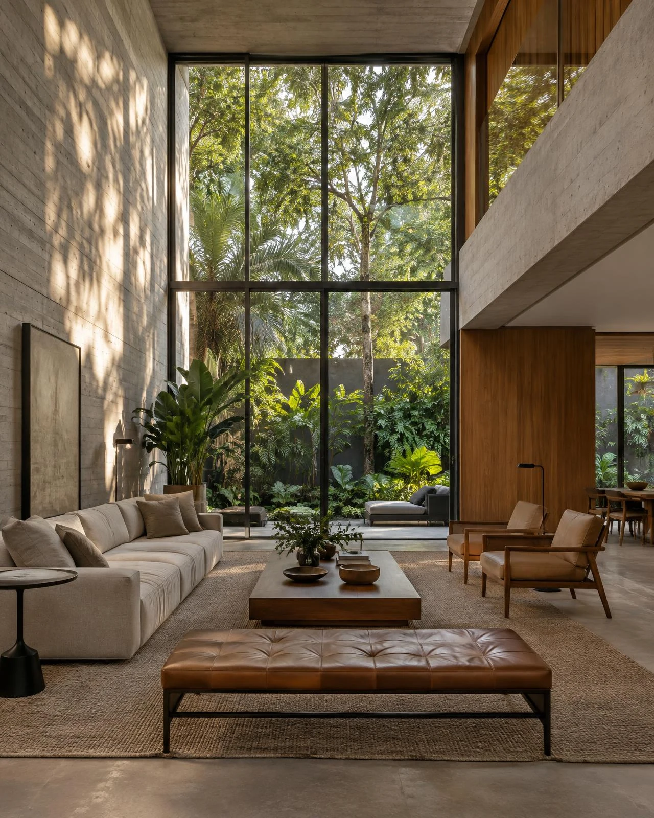 Sala com pé-direito duplo em Alto de Pinheiros, parede de concreto aparente, painel de freijó e grandes janelas para o jardim tropical ao fim da tarde.