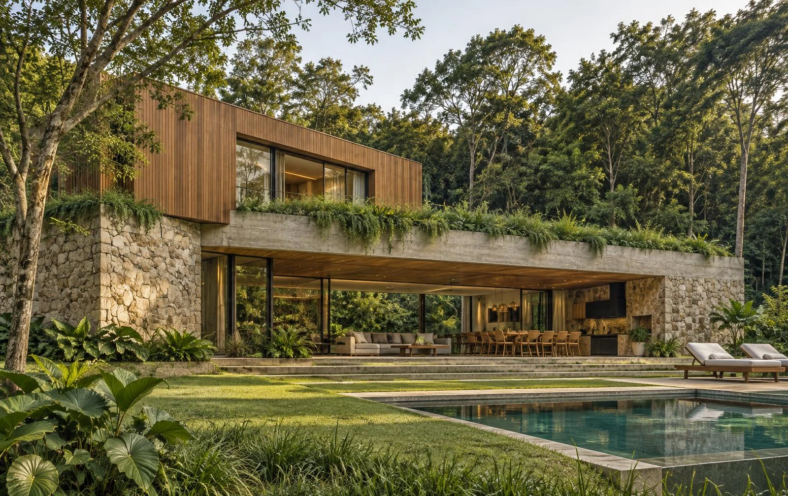 Casa contemporânea na Granja Viana com madeira, pedra, telhado verde e mata nativa à luz da manhã.