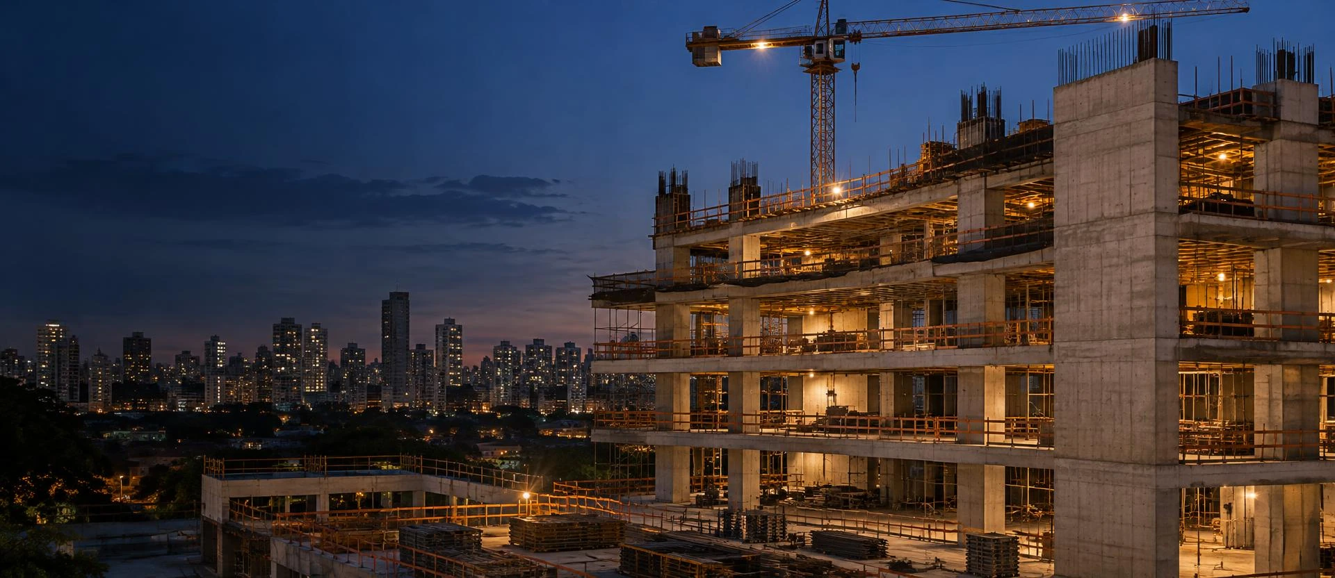 Edifício em construção ao anoitecer em São Paulo, com grua em silhueta e luzes acesas nos pavimentos.