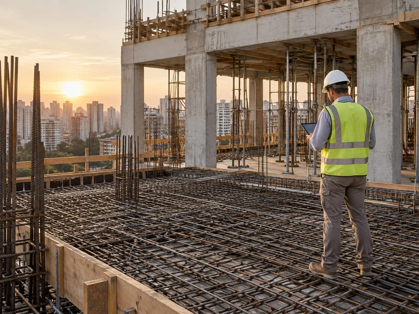 Engenheiro de costas, com capacete branco e colete, conferindo no tablet as armaduras de uma laje antes da concretagem, com escoras e estrutura de concreto ao fundo na luz de fim de tarde.