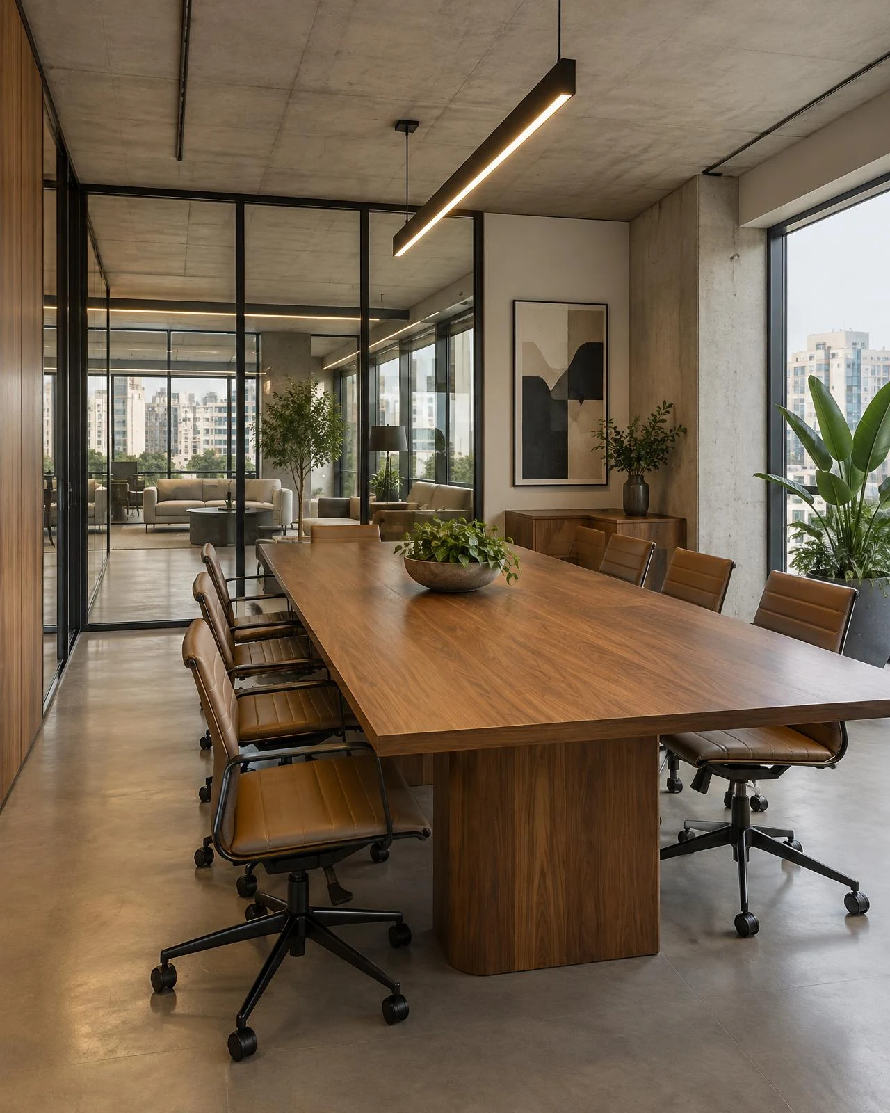 Sala de reunião no Itaim Bibi com mesa de madeira maciça, divisória de vidro, cadeiras contemporâneas e iluminação natural.