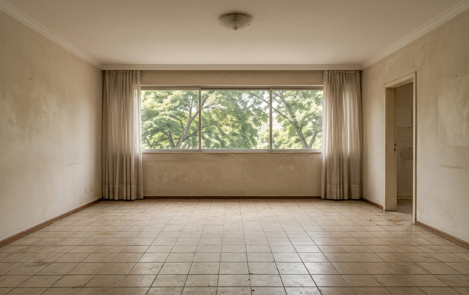 Sala de apartamento em Higienópolis antes da reforma, vazia, com piso cerâmico antigo, pintura gasta e cortinas antigas.