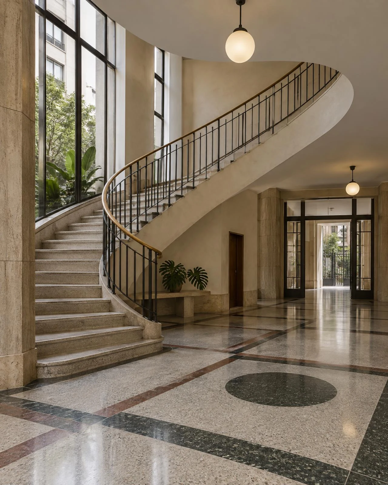 Hall restaurado do Edifício Barão com piso de granilite, escada de corrimão metálico curvo e luminárias modernistas.