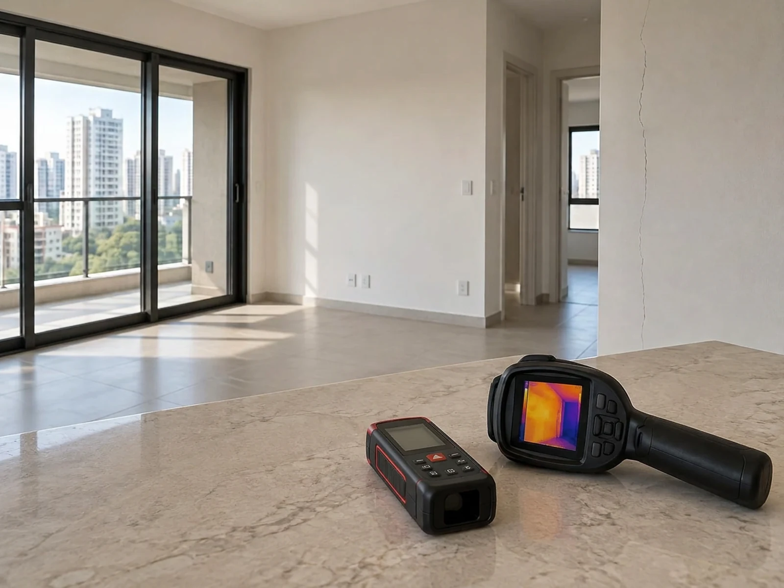 Medidor a laser e câmera termográfica em apartamento vazio durante vistoria, com fissura sutil na parede.