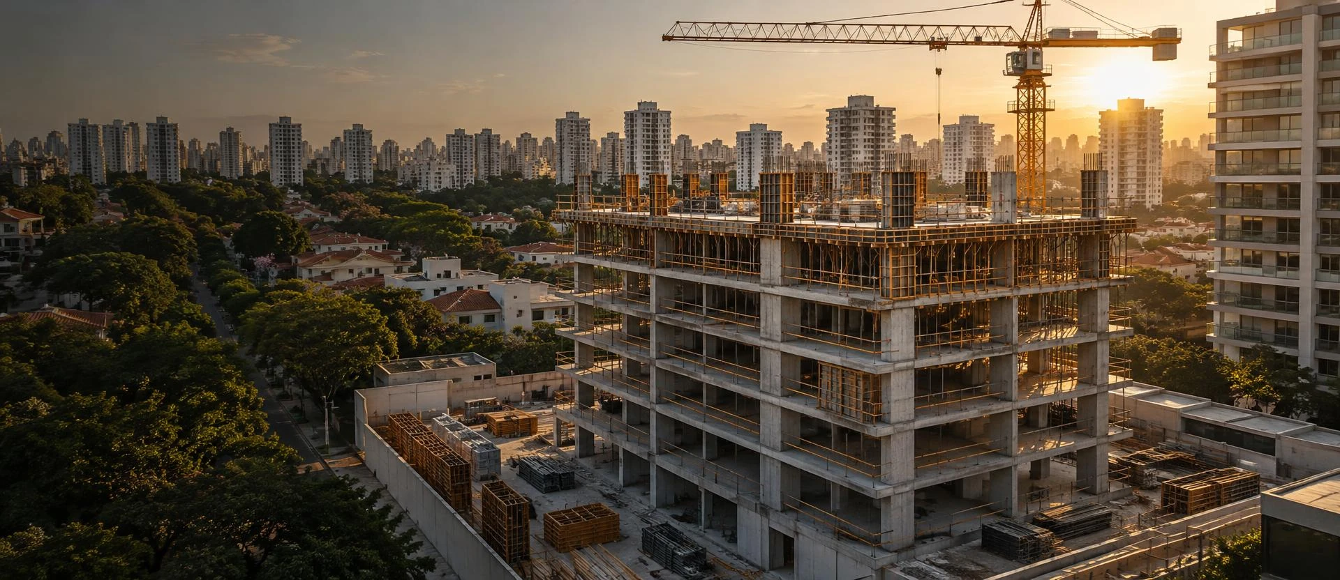 Obra de edifício residencial vista do alto em São Paulo, com estrutura de concreto, fôrmas de madeira e grua no fim da tarde.