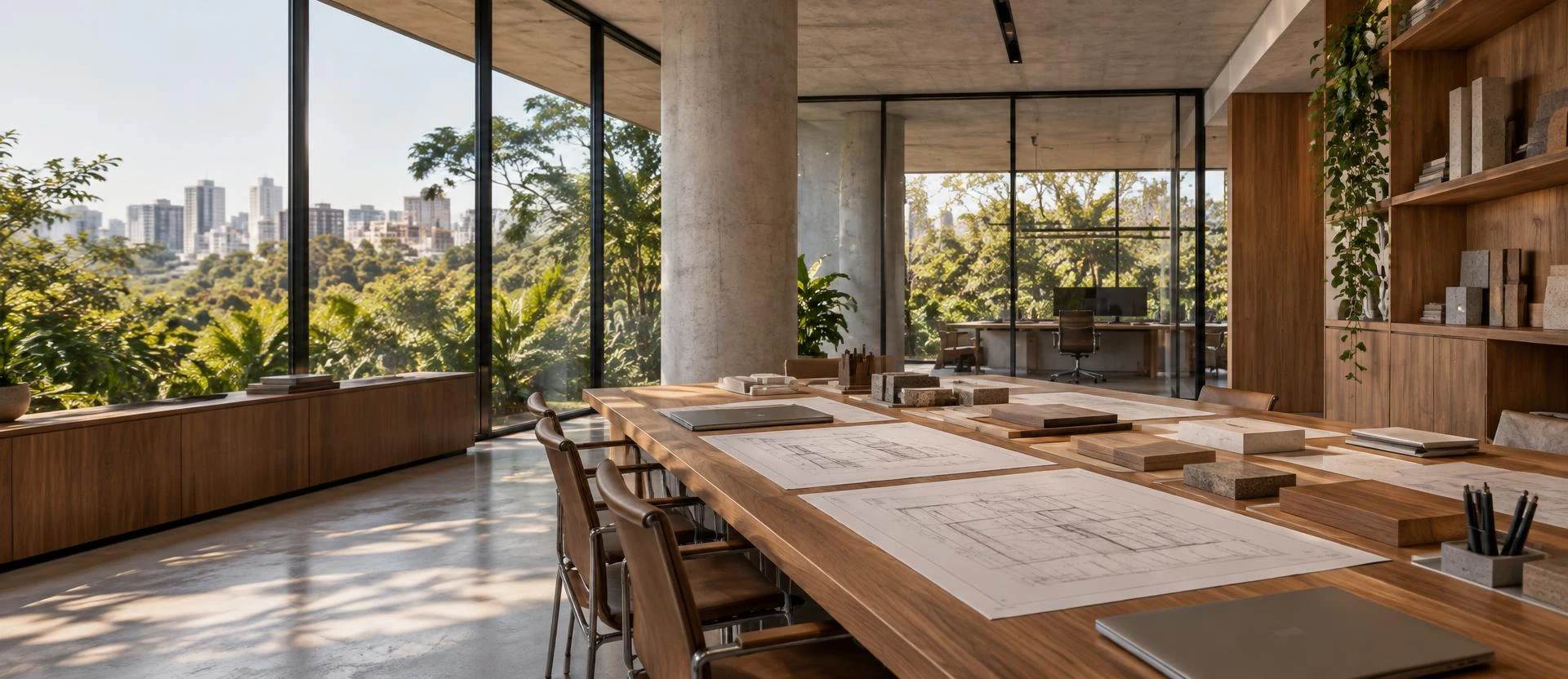 Escritório técnico com mesa de madeira, pranchas de projeto, notebooks fechados e amostras de pedra, concreto e madeira sob luz natural lateral.