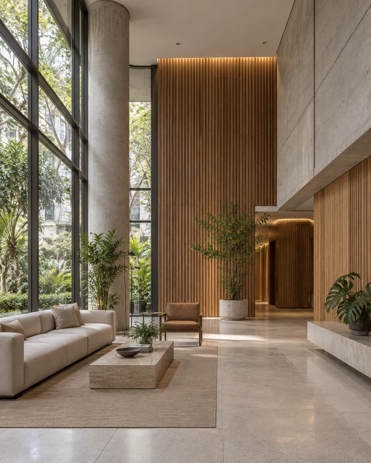 Lobby residencial na Vila Madalena com pé-direito alto, piso de granito claro, painel de madeira ripada e mobiliário contemporâneo.