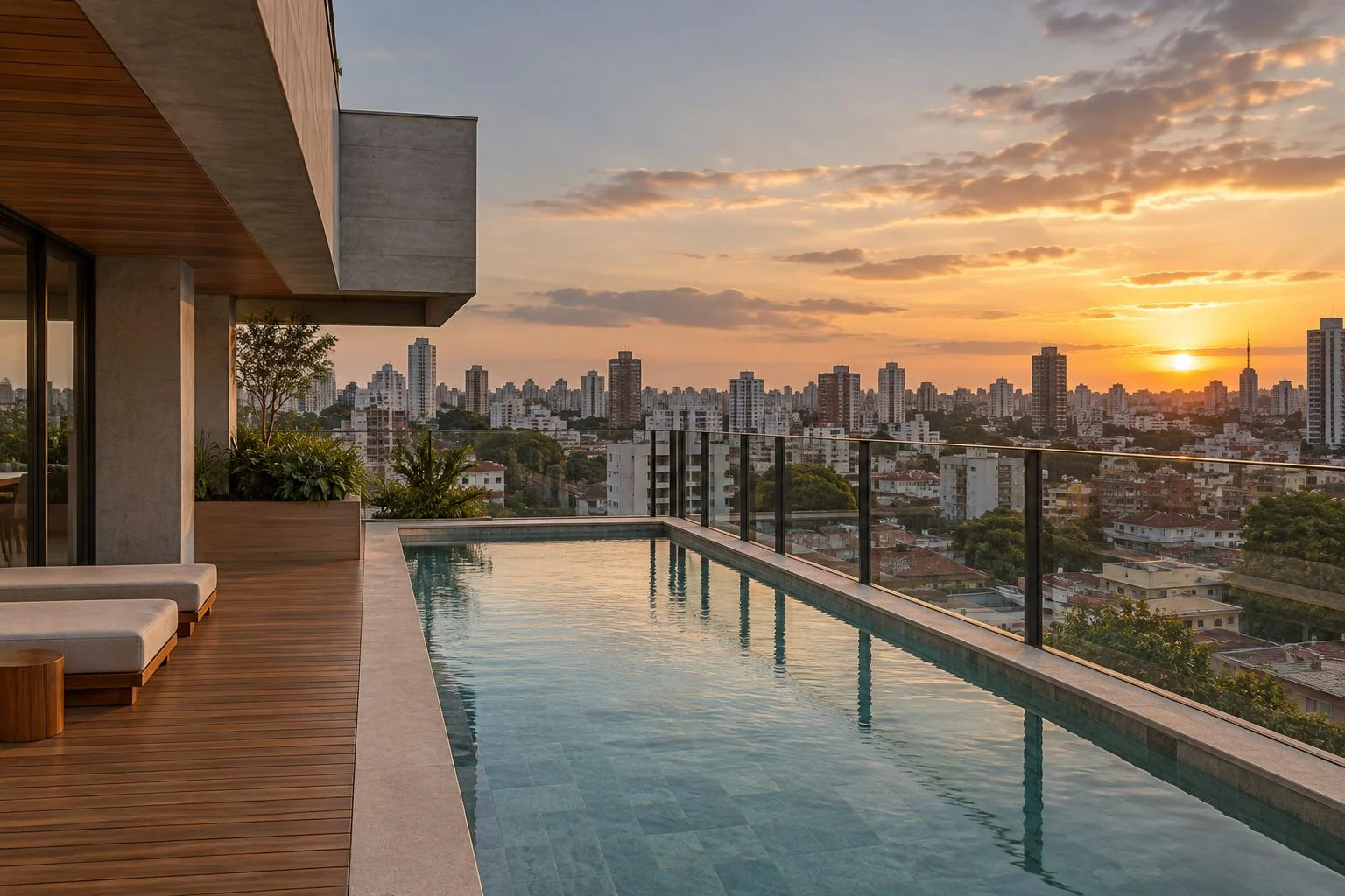 Rooftop do edifício na Vila Madalena com piscina, deck de madeira e vista de São Paulo ao entardecer.